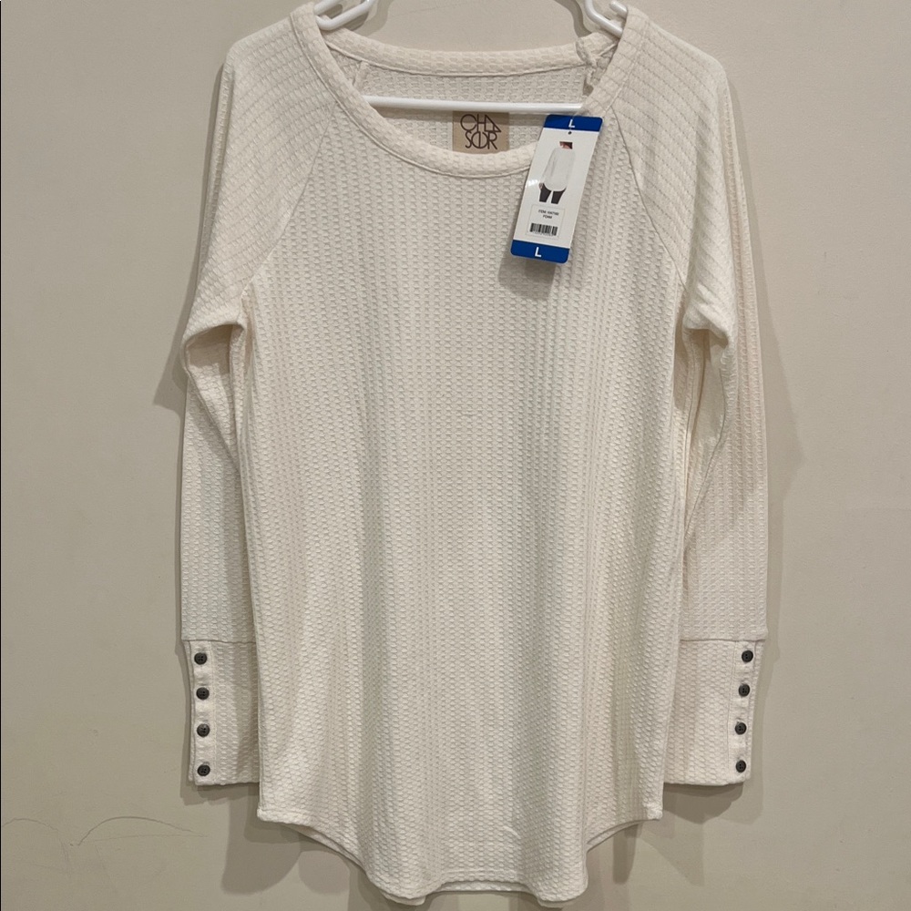 Chaser Cream Textured Long Sleeve‎ Blouse Size L NWT